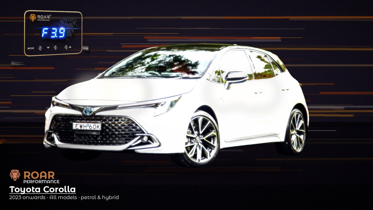 Toyota Corolla E210 night LOCK hero — copper ROAR + white PERFORMANCE, TC superimposed — 2023 onwards