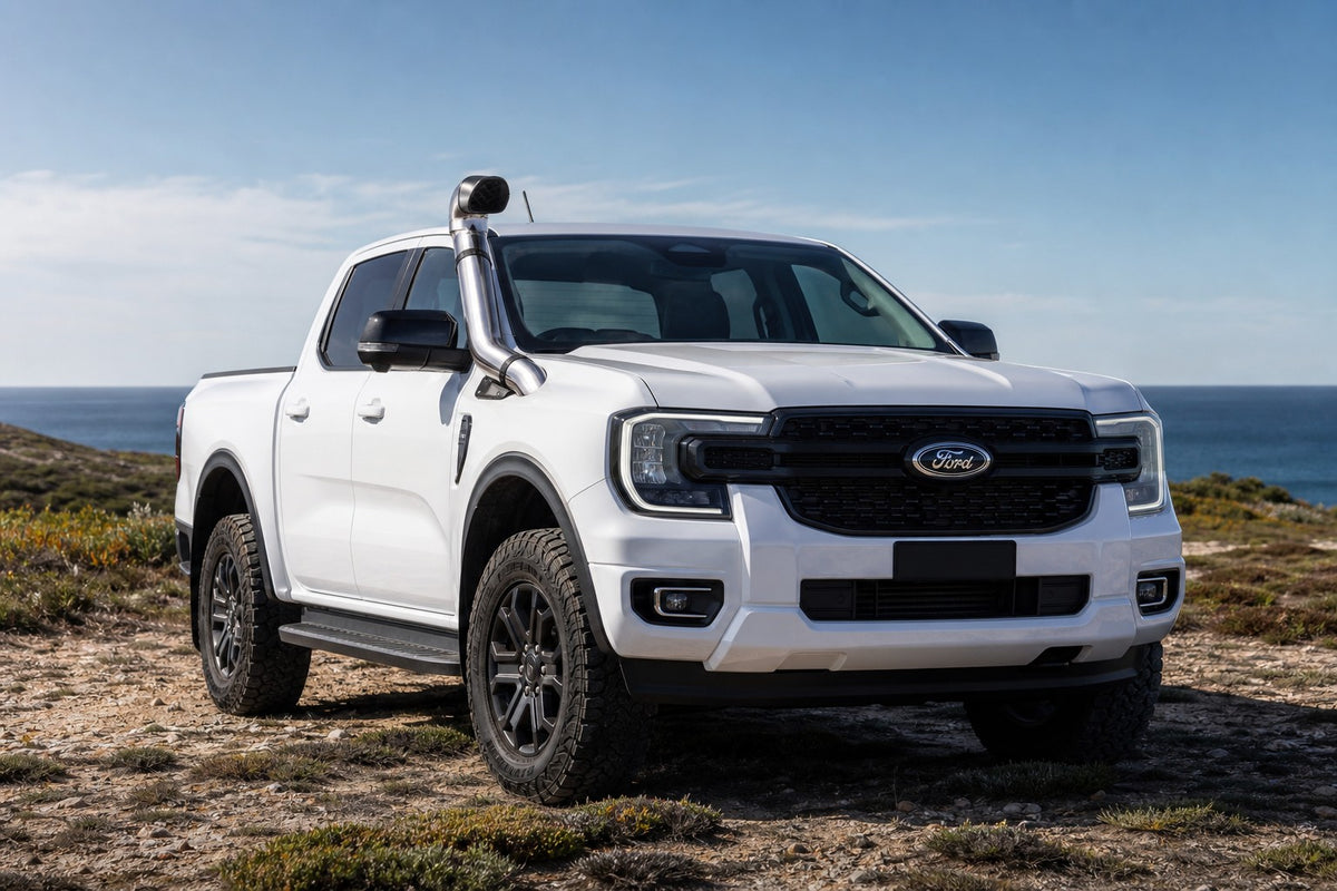 Arctic white Next-gen Ford Ranger with stainless Roar 4x4 snorkel fitted