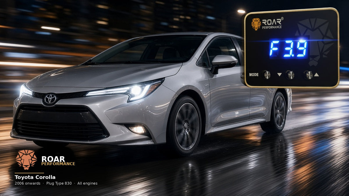 Toyota Corolla Hatch E180 night LOCK hero — copper ROAR + white PERFORMANCE, TC superimposed — 2012–2018